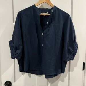 Emerson Fry India Collection navy puff-sleeve blouse, one-size mandarin collar